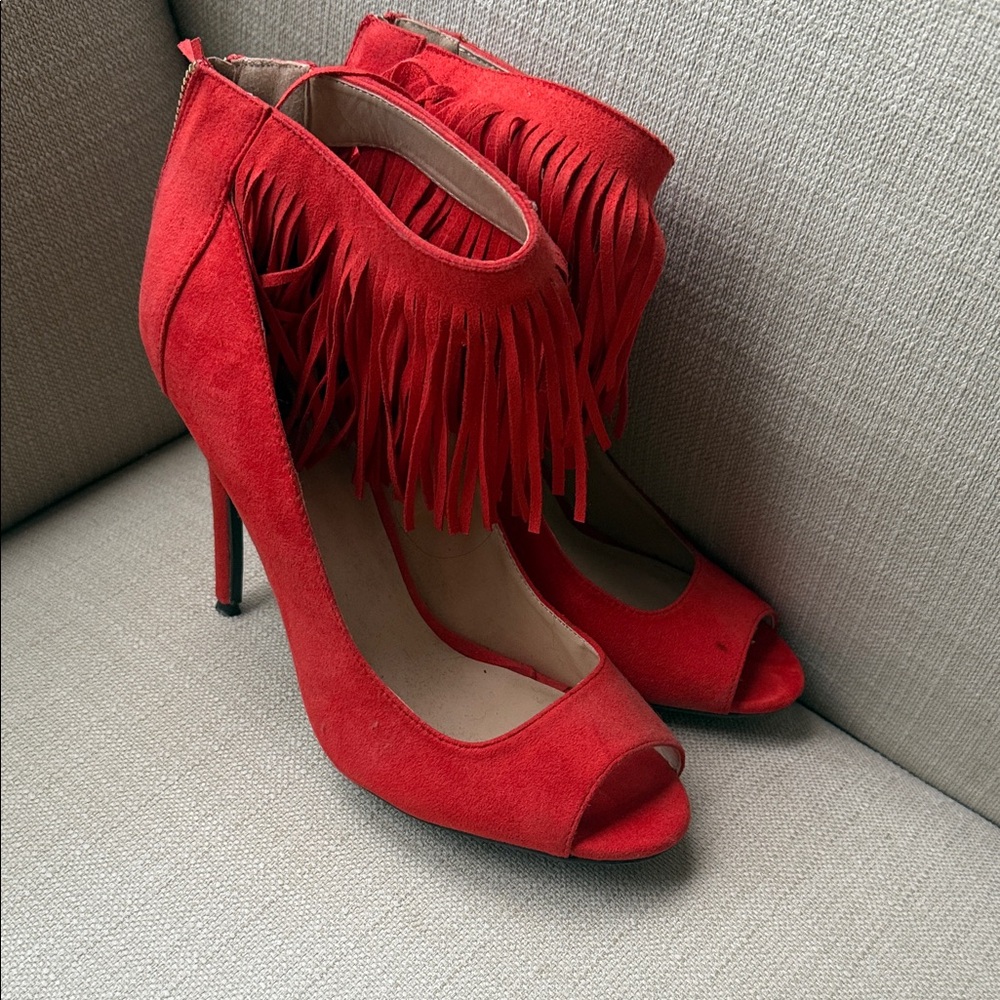 Red Fringe Peep-Toe Heels